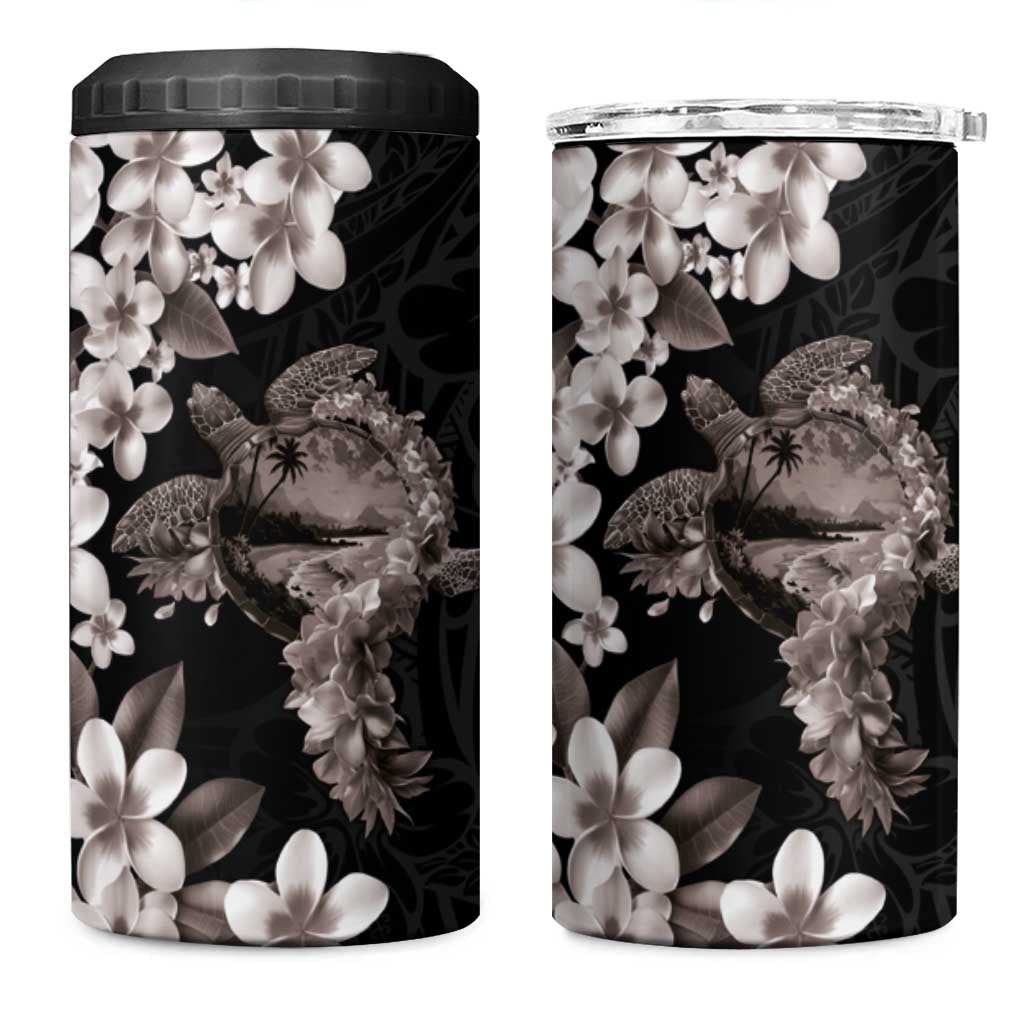 Hawaiian Lei Day 4 in 1 Can Cooler Tumbler Plumeria and Turtle with Polynesian Tribal Pattern Grayscale Color LT03 One Size: 16 oz Black - Polynesian Pride