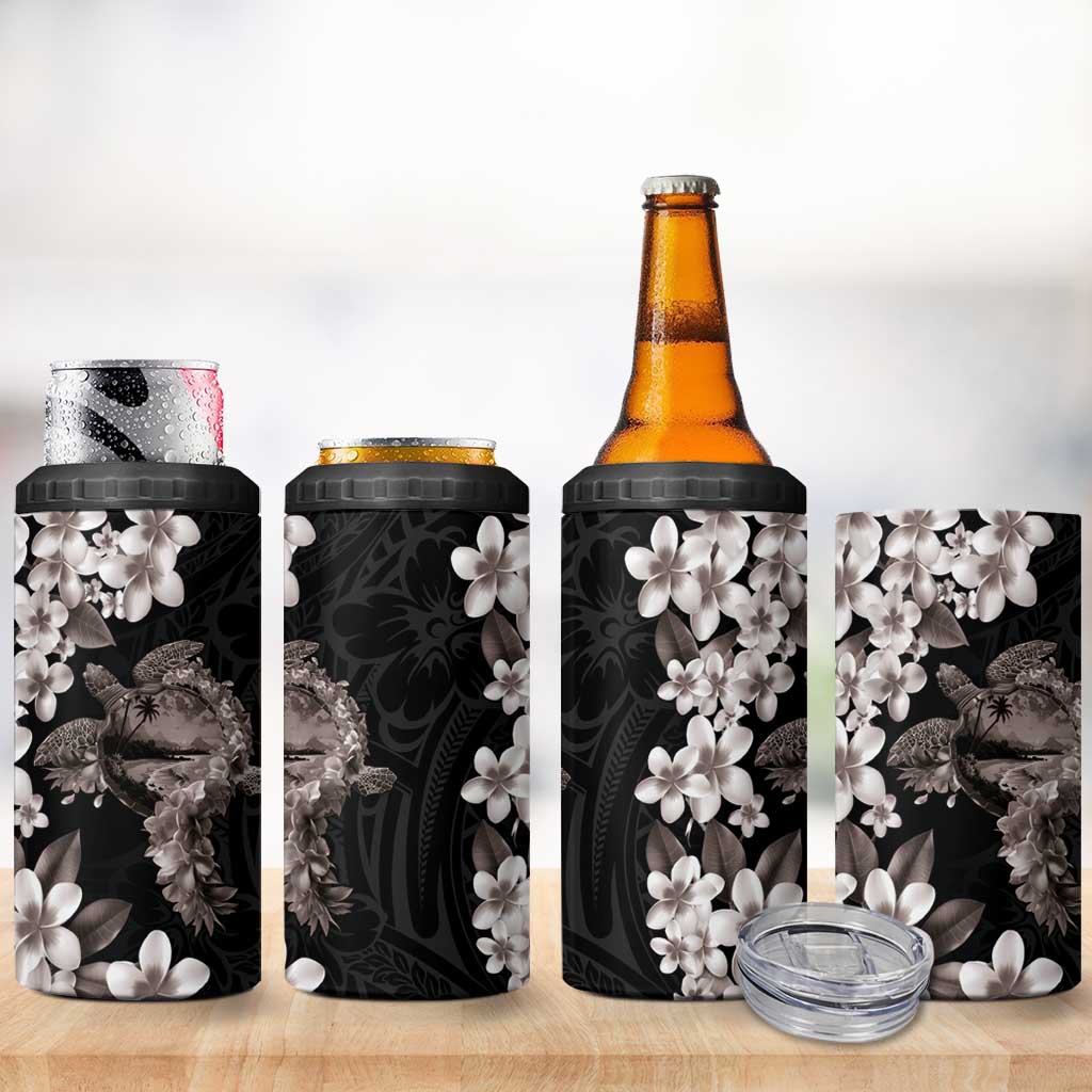 Hawaiian Lei Day 4 in 1 Can Cooler Tumbler Plumeria and Turtle with Polynesian Tribal Pattern Grayscale Color LT03 - Polynesian Pride
