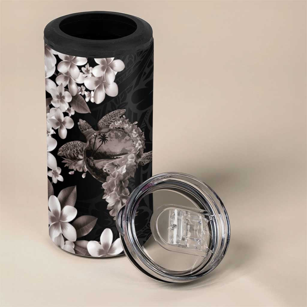 Hawaiian Lei Day 4 in 1 Can Cooler Tumbler Plumeria and Turtle with Polynesian Tribal Pattern Grayscale Color LT03 - Polynesian Pride