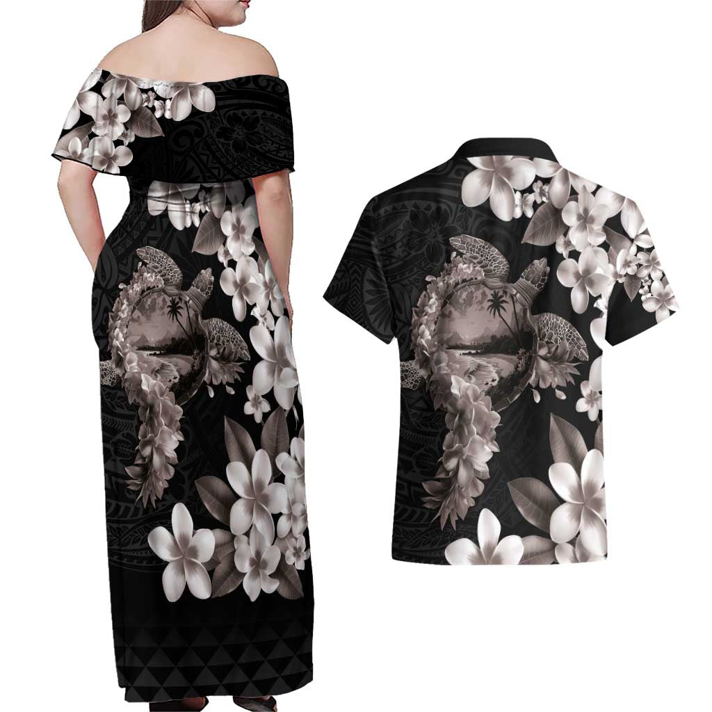 Hawaiian Lei Day Couples Matching Off Shoulder Maxi Dress and Hawaiian Shirt Plumeria and Turtle with Polynesian Tribal Pattern Grayscale Color