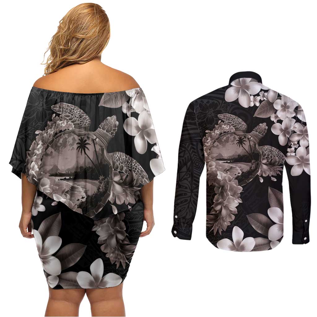 Hawaiian Lei Day Couples Matching Off Shoulder Short Dress and Long Sleeve Button Shirt Plumeria and Turtle with Polynesian Tribal Pattern Grayscale Color