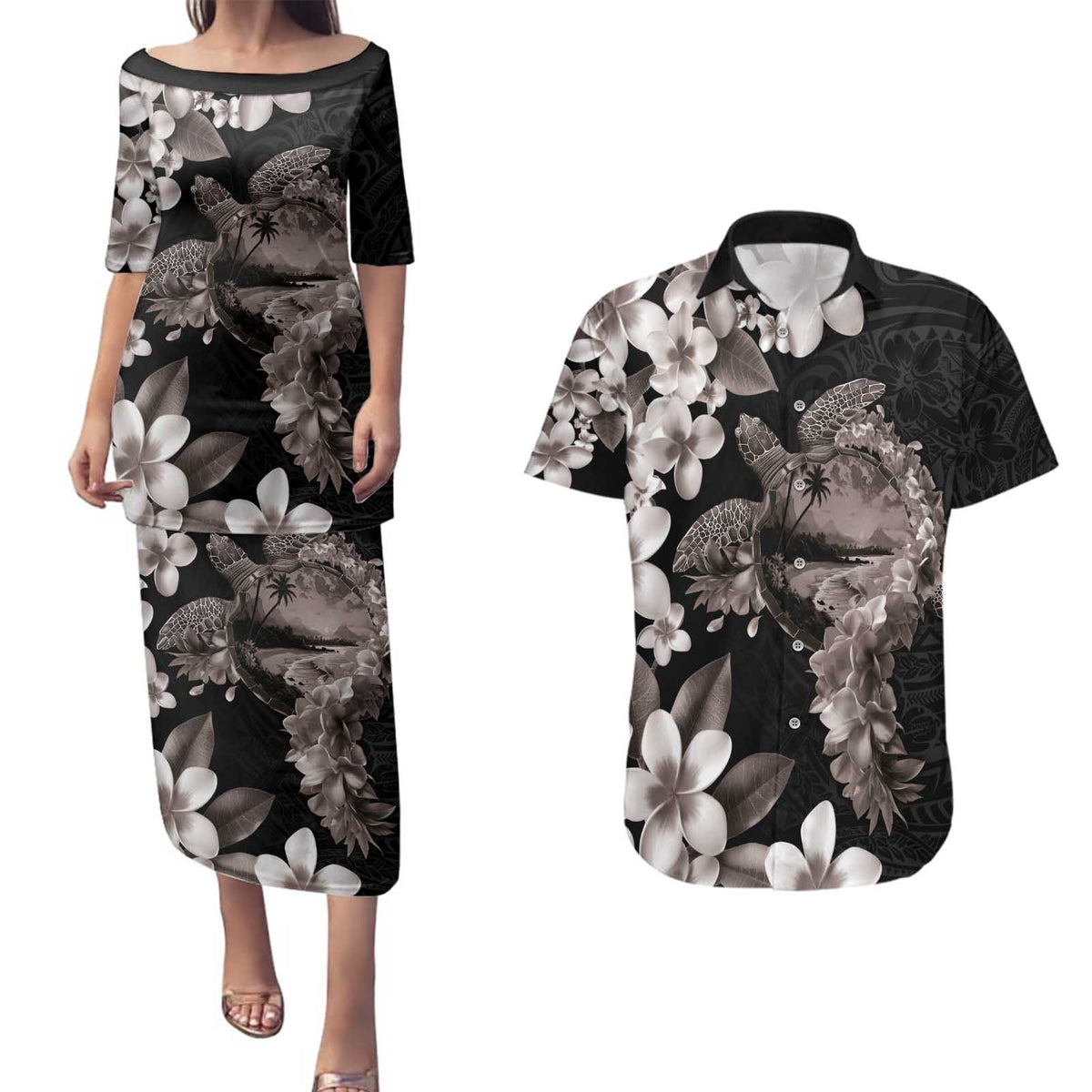 Hawaiian Lei Day Couples Matching Puletasi and Hawaiian Shirt Plumeria and Turtle with Polynesian Tribal Pattern Grayscale Color LT03 Black - Polynesian Pride