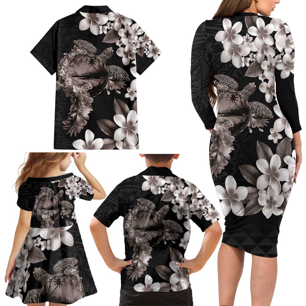 Hawaiian Lei Day Family Matching Long Sleeve Bodycon Dress and Hawaiian Shirt Plumeria and Turtle with Polynesian Tribal Pattern Grayscale Color