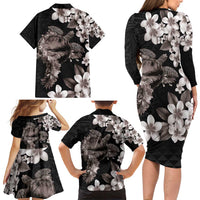 Hawaiian Lei Day Family Matching Long Sleeve Bodycon Dress and Hawaiian Shirt Plumeria and Turtle with Polynesian Tribal Pattern Grayscale Color