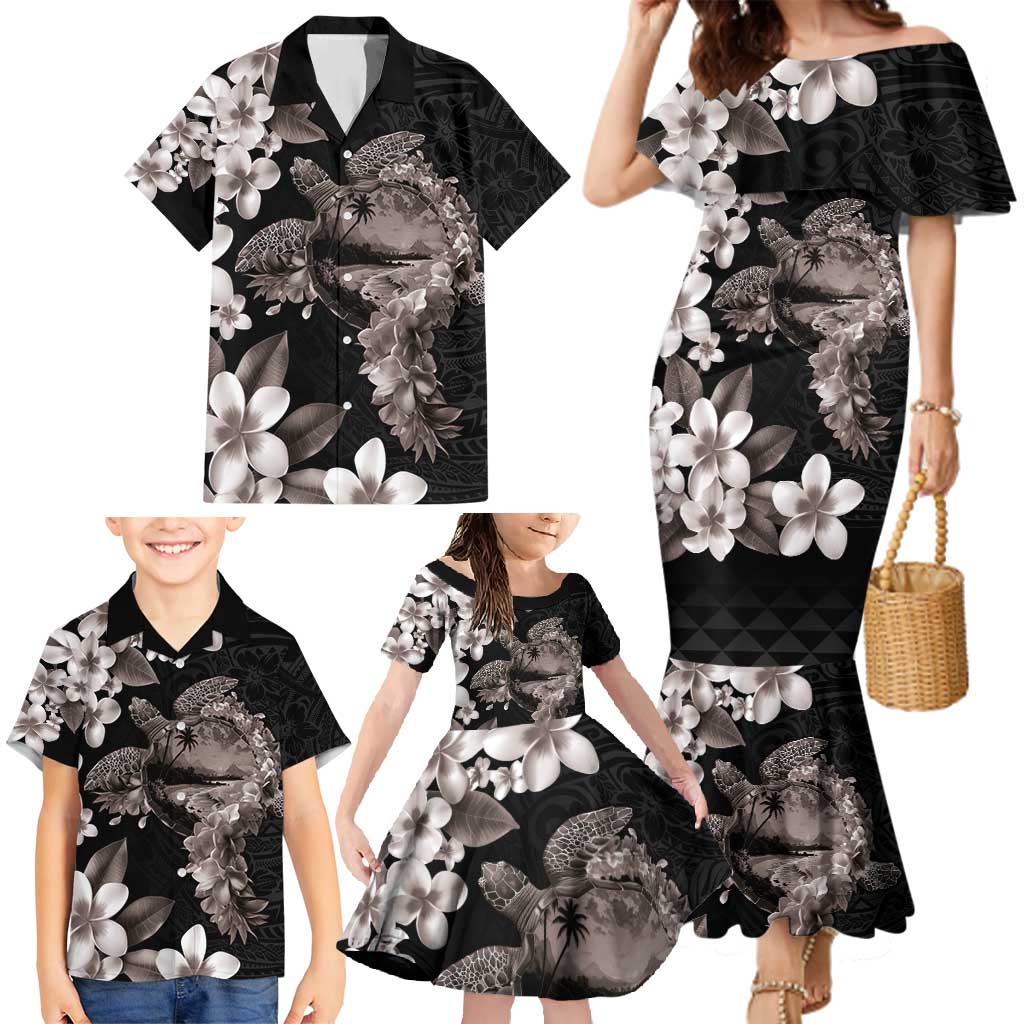 Hawaiian Lei Day Family Matching Mermaid Dress and Hawaiian Shirt Plumeria and Turtle with Polynesian Tribal Pattern Grayscale Color LT03 - Polynesian Pride