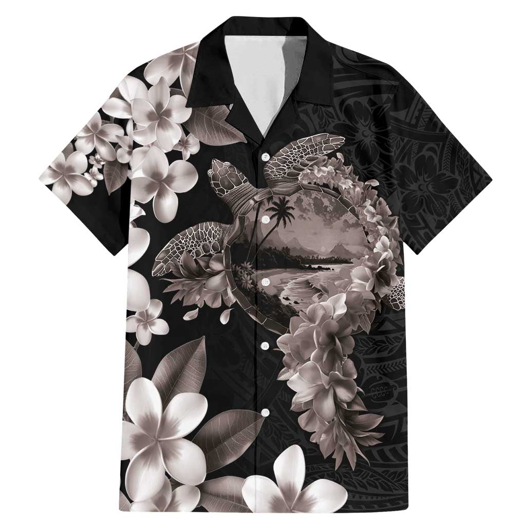 Hawaiian Lei Day Family Matching Mermaid Dress and Hawaiian Shirt Plumeria and Turtle with Polynesian Tribal Pattern Grayscale Color LT03 Dad's Shirt - Short Sleeve Black - Polynesian Pride