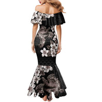 Hawaiian Lei Day Family Matching Mermaid Dress and Hawaiian Shirt Plumeria and Turtle with Polynesian Tribal Pattern Grayscale Color LT03 - Polynesian Pride