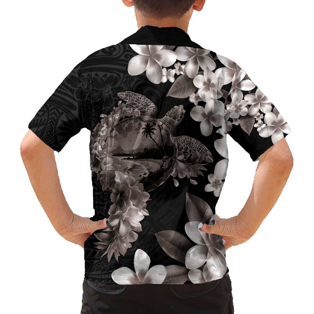 Hawaiian Lei Day Family Matching Off The Shoulder Long Sleeve Dress and Hawaiian Shirt Plumeria and Turtle with Polynesian Tribal Pattern Grayscale Color