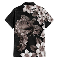 Hawaiian Lei Day Family Matching Off The Shoulder Long Sleeve Dress and Hawaiian Shirt Plumeria and Turtle with Polynesian Tribal Pattern Grayscale Color