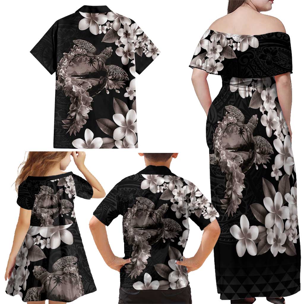 Hawaiian Lei Day Family Matching Off Shoulder Maxi Dress and Hawaiian Shirt Plumeria and Turtle with Polynesian Tribal Pattern Grayscale Color LT03 - Polynesian Pride