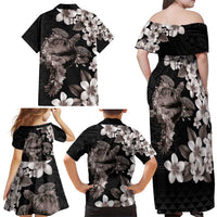 Hawaiian Lei Day Family Matching Off Shoulder Maxi Dress and Hawaiian Shirt Plumeria and Turtle with Polynesian Tribal Pattern Grayscale Color LT03 - Polynesian Pride