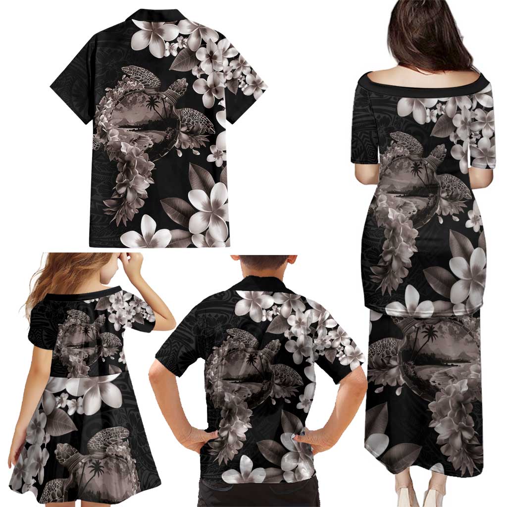 Hawaiian Lei Day Family Matching Puletasi and Hawaiian Shirt Plumeria and Turtle with Polynesian Tribal Pattern Grayscale Color LT03 - Polynesian Pride