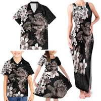 Hawaiian Lei Day Family Matching Tank Maxi Dress and Hawaiian Shirt Plumeria and Turtle with Polynesian Tribal Pattern Grayscale Color