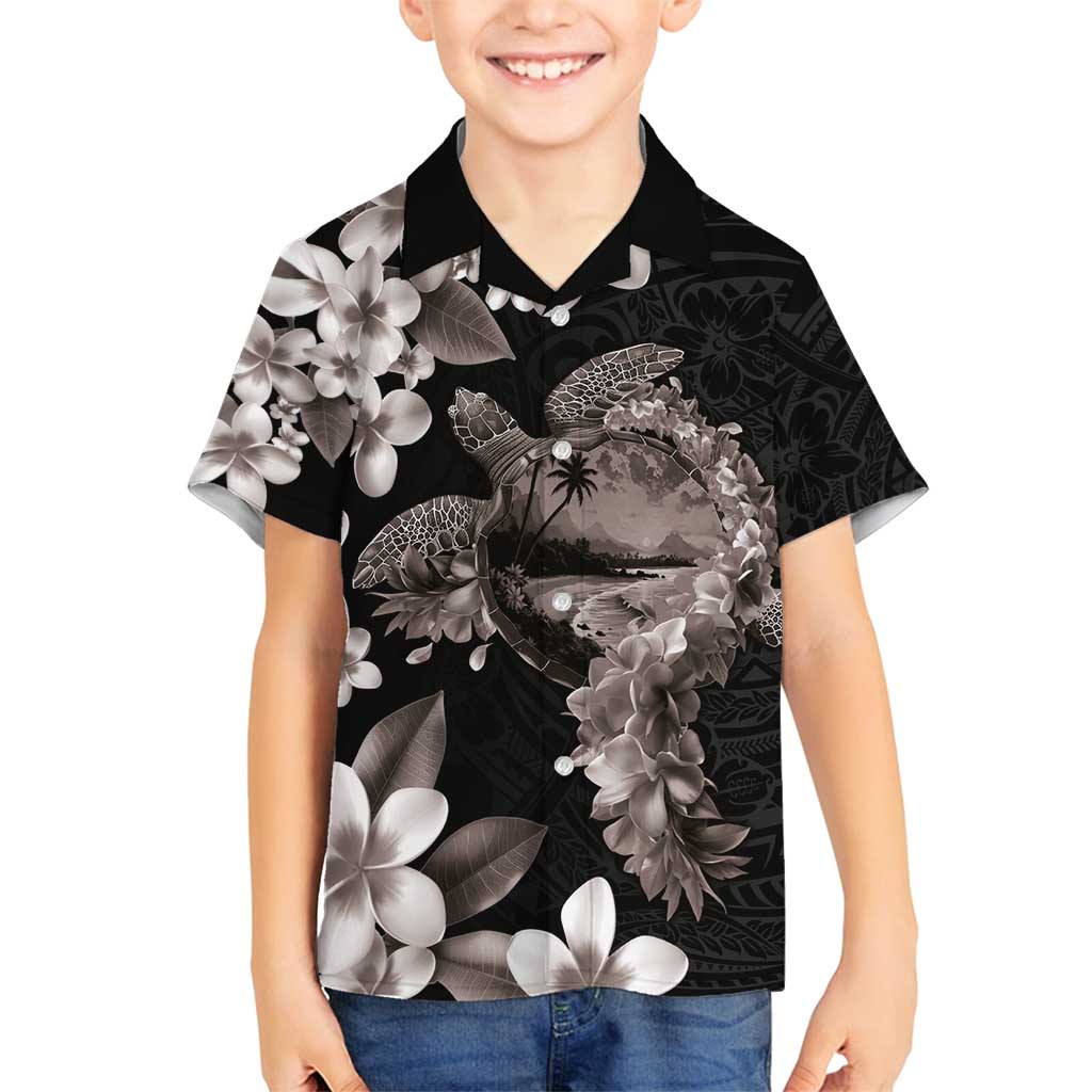 Hawaiian Lei Day Family Matching Tank Maxi Dress and Hawaiian Shirt Plumeria and Turtle with Polynesian Tribal Pattern Grayscale Color