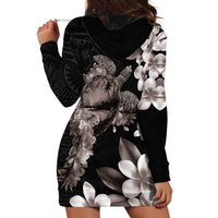 Hawaiian Lei Day Hoodie Dress Plumeria and Turtle with Polynesian Tribal Pattern Grayscale Color LT03 - Polynesian Pride