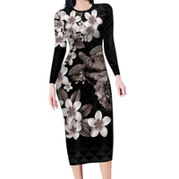 Hawaiian Lei Day Long Sleeve Bodycon Dress Plumeria and Turtle with Polynesian Tribal Pattern Grayscale Color LT03 Long Dress Black - Polynesian Pride