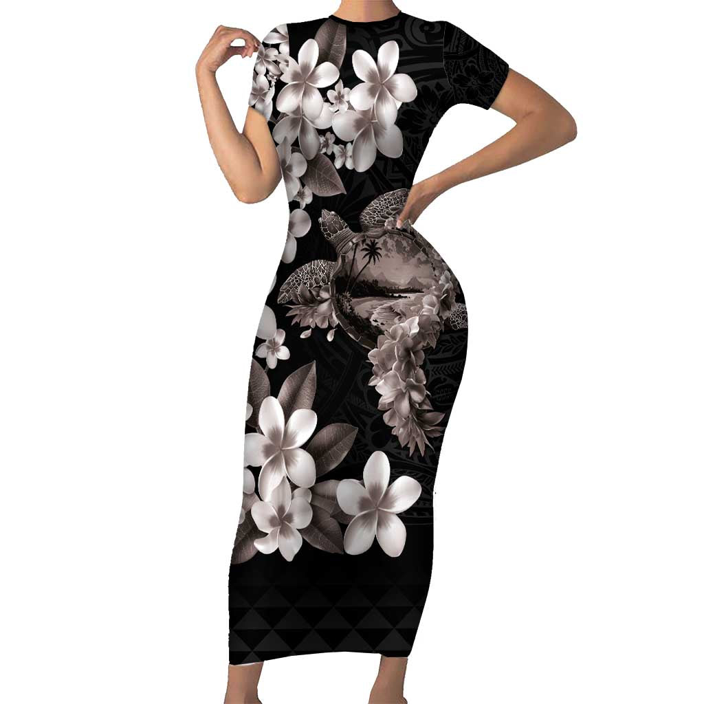 Hawaiian Lei Day Short Sleeve Bodycon Dress Plumeria and Turtle with Polynesian Tribal Pattern Grayscale Color LT03 Long Dress Black - Polynesian Pride