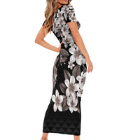 Hawaiian Lei Day Short Sleeve Bodycon Dress Plumeria and Turtle with Polynesian Tribal Pattern Grayscale Color LT03 - Polynesian Pride