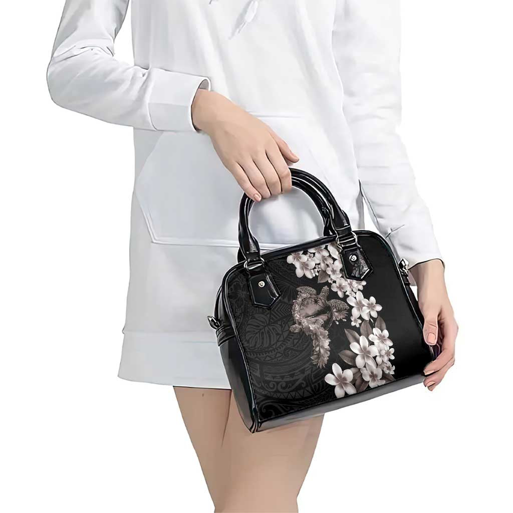 Hawaiian Lei Day Shoulder Handbag Plumeria and Turtle with Polynesian Tribal Pattern Grayscale Color