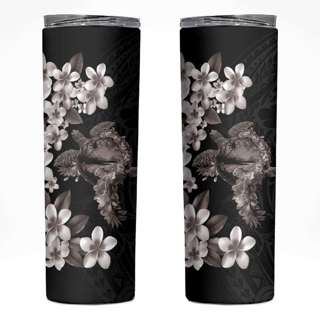 Hawaiian Lei Day Skinny Tumbler Plumeria and Turtle with Polynesian Tribal Pattern Grayscale Color LT03 Black - Polynesian Pride