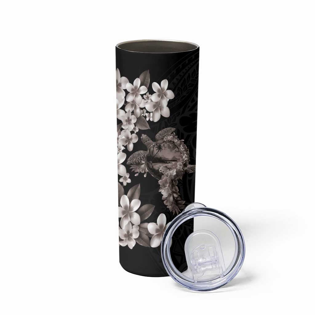 Hawaiian Lei Day Skinny Tumbler Plumeria and Turtle with Polynesian Tribal Pattern Grayscale Color LT03 - Polynesian Pride