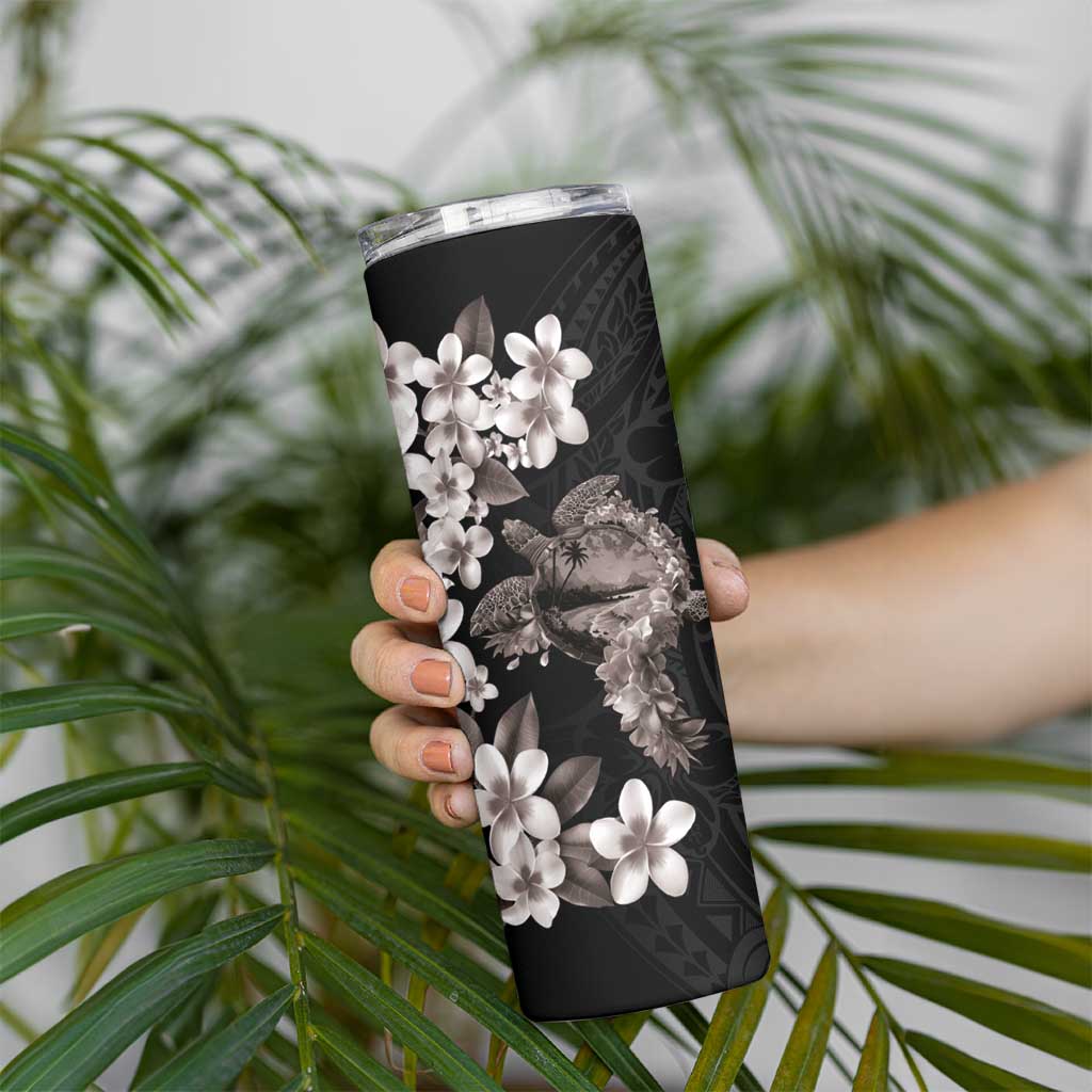 Hawaiian Lei Day Skinny Tumbler Plumeria and Turtle with Polynesian Tribal Pattern Grayscale Color LT03 - Polynesian Pride