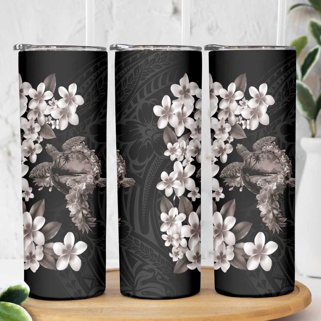 Hawaiian Lei Day Skinny Tumbler Plumeria and Turtle with Polynesian Tribal Pattern Grayscale Color LT03 - Polynesian Pride