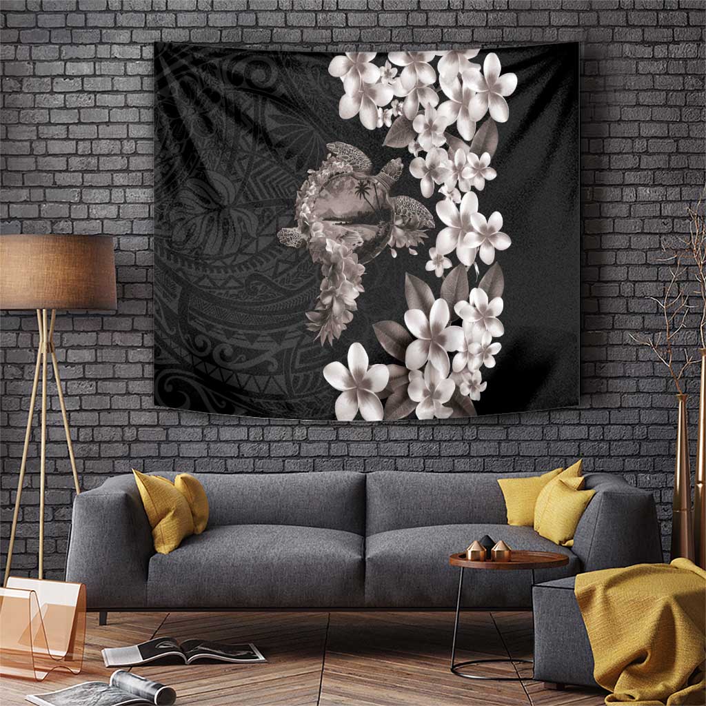 Hawaiian Lei Day Tapestry Plumeria and Turtle with Polynesian Tribal Pattern Grayscale Color LT03 Black - Polynesian Pride