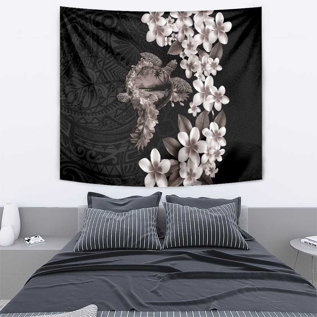 Hawaiian Lei Day Tapestry Plumeria and Turtle with Polynesian Tribal Pattern Grayscale Color LT03 - Polynesian Pride