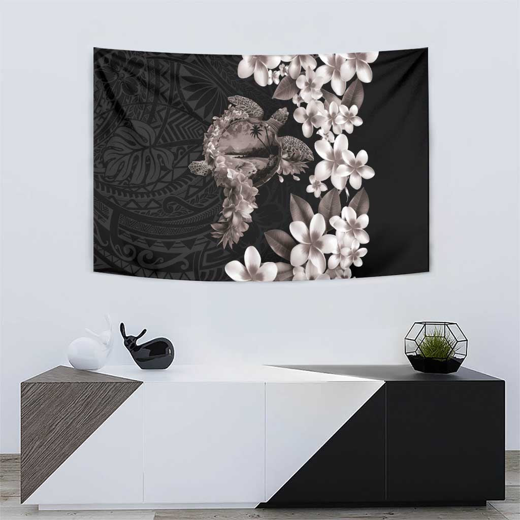 Hawaiian Lei Day Tapestry Plumeria and Turtle with Polynesian Tribal Pattern Grayscale Color LT03 - Polynesian Pride
