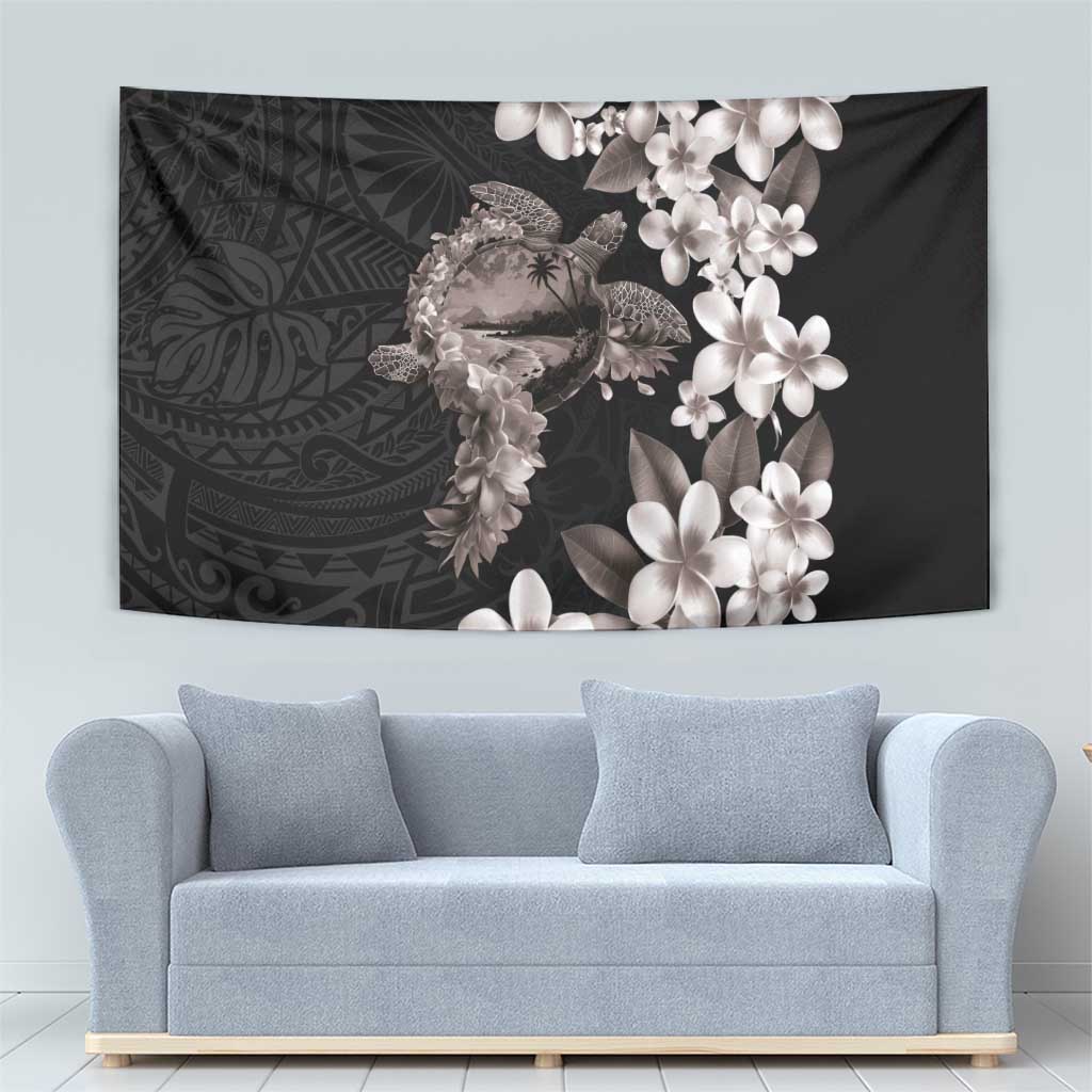 Hawaiian Lei Day Tapestry Plumeria and Turtle with Polynesian Tribal Pattern Grayscale Color LT03 - Polynesian Pride