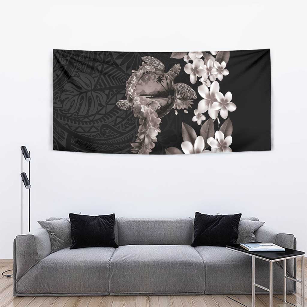 Hawaiian Lei Day Tapestry Plumeria and Turtle with Polynesian Tribal Pattern Grayscale Color LT03 - Polynesian Pride