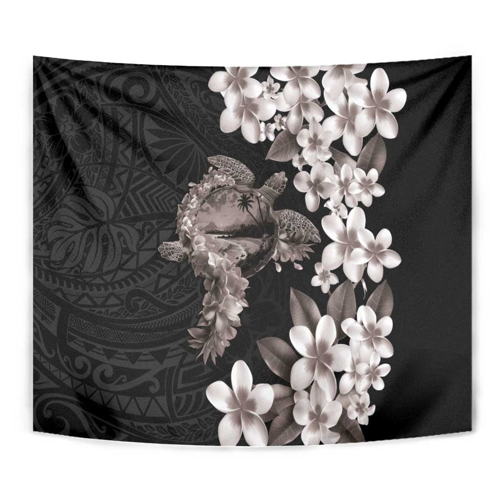 Hawaiian Lei Day Tapestry Plumeria and Turtle with Polynesian Tribal Pattern Grayscale Color LT03 - Polynesian Pride