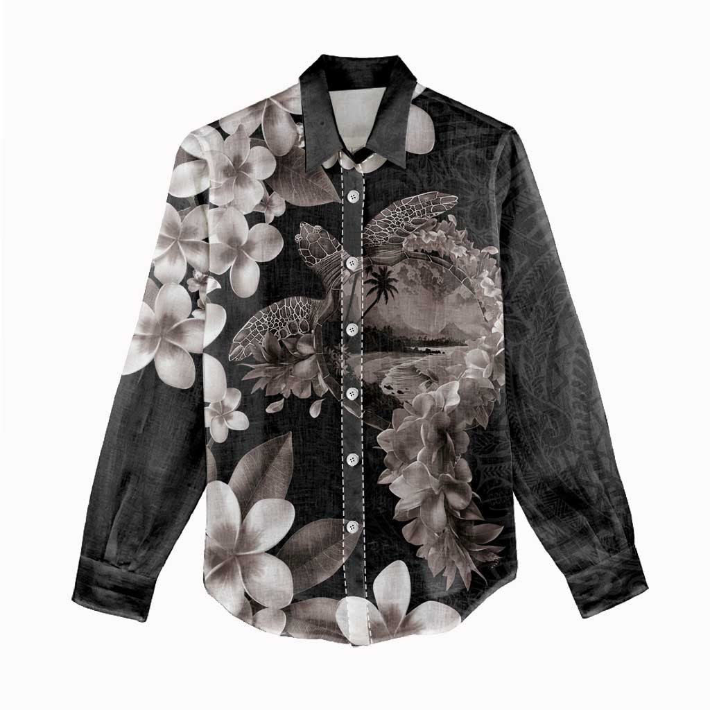 Hawaiian Lei Day Women Casual Shirt Plumeria and Turtle with Polynesian Tribal Pattern Grayscale Color LT03 - Polynesian Pride