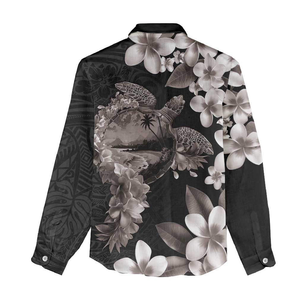 Hawaiian Lei Day Women Casual Shirt Plumeria and Turtle with Polynesian Tribal Pattern Grayscale Color LT03 - Polynesian Pride