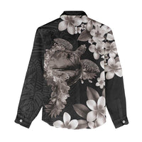 Hawaiian Lei Day Women Casual Shirt Plumeria and Turtle with Polynesian Tribal Pattern Grayscale Color LT03 - Polynesian Pride