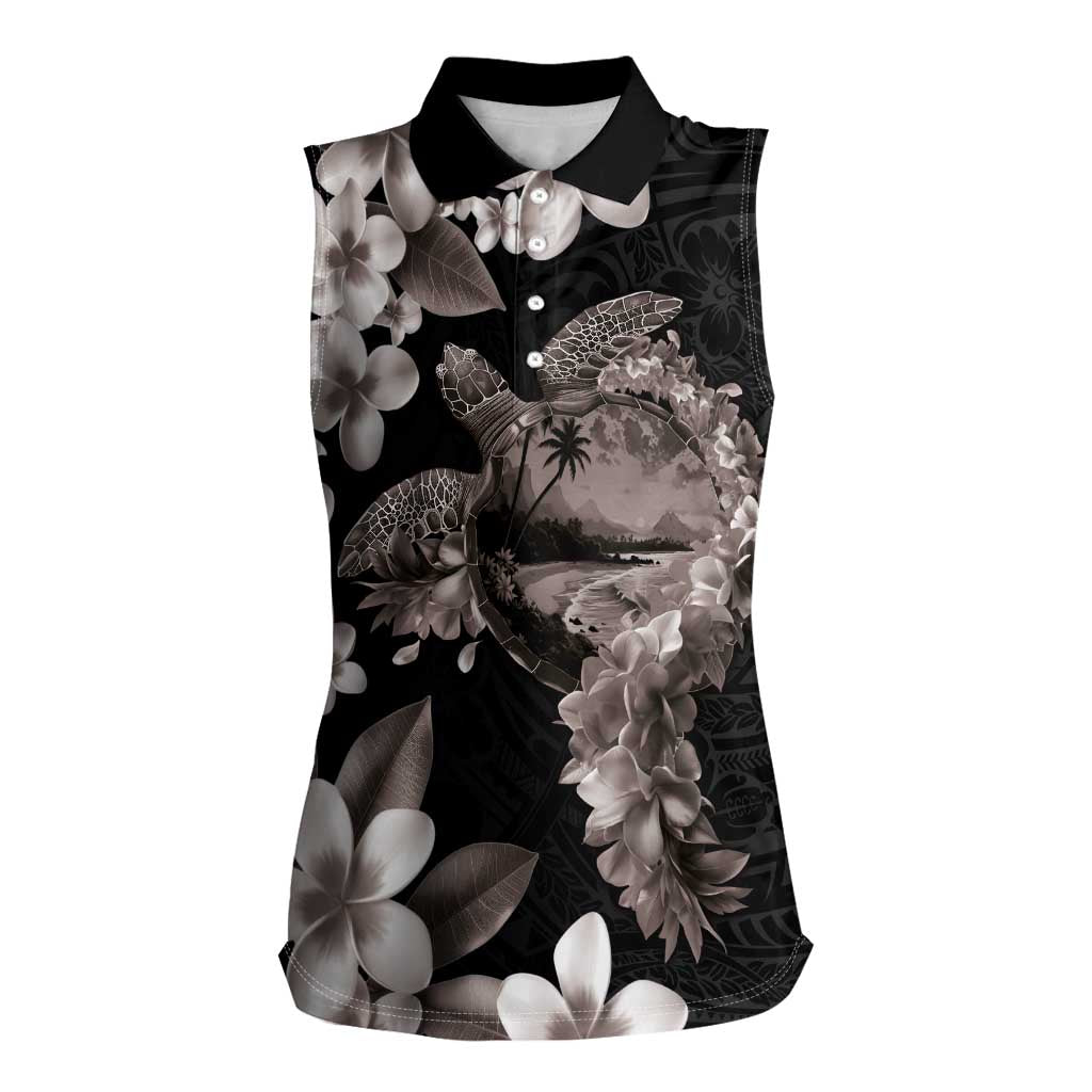 Hawaiian Lei Day Women Sleeveless Polo Shirt Plumeria and Turtle with Polynesian Tribal Pattern Grayscale Color LT03 Female Black - Polynesian Pride