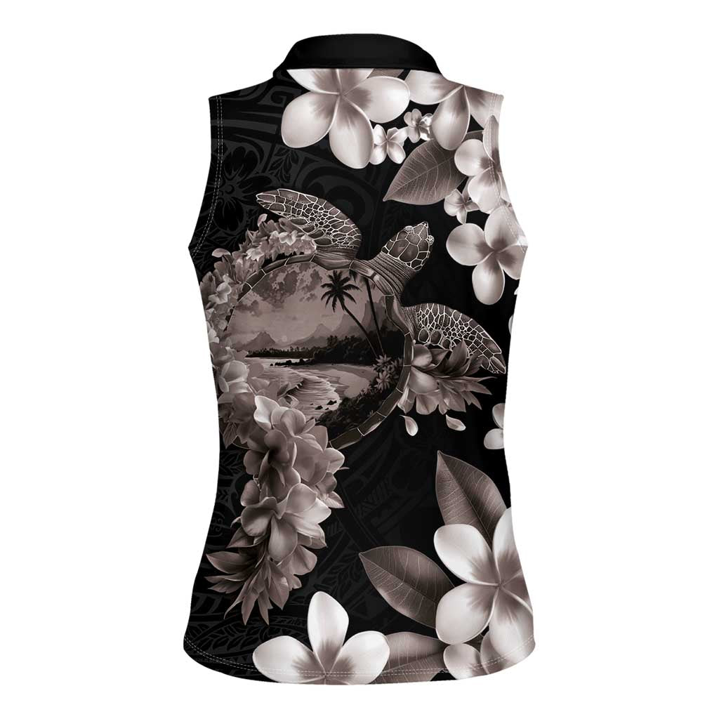 Hawaiian Lei Day Women Sleeveless Polo Shirt Plumeria and Turtle with Polynesian Tribal Pattern Grayscale Color LT03 - Polynesian Pride