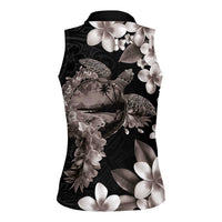 Hawaiian Lei Day Women Sleeveless Polo Shirt Plumeria and Turtle with Polynesian Tribal Pattern Grayscale Color LT03 - Polynesian Pride