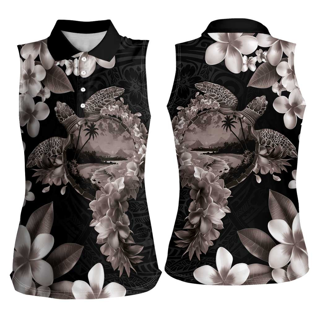 Hawaiian Lei Day Women Sleeveless Polo Shirt Plumeria and Turtle with Polynesian Tribal Pattern Grayscale Color LT03 - Polynesian Pride