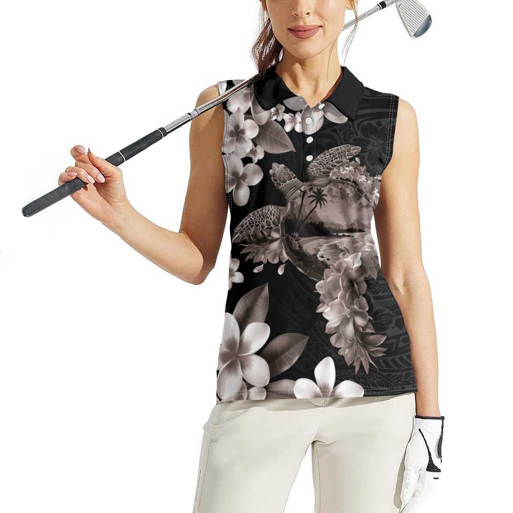 Hawaiian Lei Day Women Sleeveless Polo Shirt Plumeria and Turtle with Polynesian Tribal Pattern Grayscale Color LT03 - Polynesian Pride