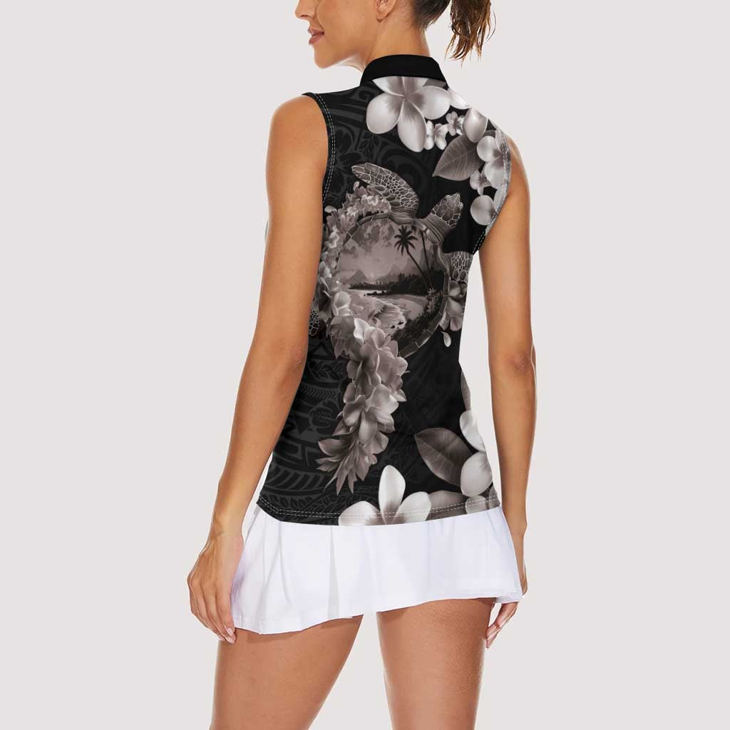 Hawaiian Lei Day Women Sleeveless Polo Shirt Plumeria and Turtle with Polynesian Tribal Pattern Grayscale Color LT03 - Polynesian Pride