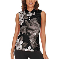 Hawaiian Lei Day Women Sleeveless Polo Shirt Plumeria and Turtle with Polynesian Tribal Pattern Grayscale Color LT03 - Polynesian Pride