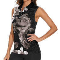 Hawaiian Lei Day Women Sleeveless Polo Shirt Plumeria and Turtle with Polynesian Tribal Pattern Grayscale Color LT03 - Polynesian Pride
