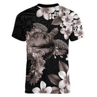 Hawaiian Lei Day Women V-Neck T-Shirt Plumeria and Turtle with Polynesian Tribal Pattern Grayscale Color LT03 - Polynesian Pride
