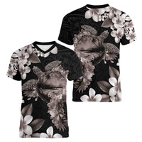 Hawaiian Lei Day Women V-Neck T-Shirt Plumeria and Turtle with Polynesian Tribal Pattern Grayscale Color LT03 - Polynesian Pride