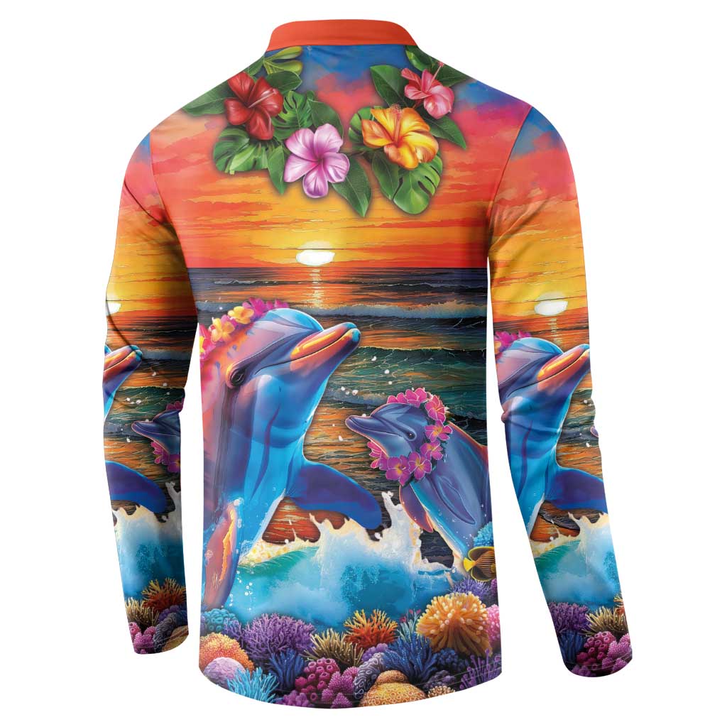 Hawaiian Lei Day Button Sweatshirt Dolphins with Colorful Corals and Romantic Sunset LT03 - Polynesian Pride