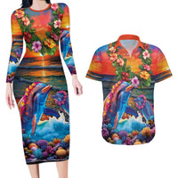 Hawaiian Lei Day Couples Matching Long Sleeve Bodycon Dress and Hawaiian Shirt Dolphins with Colorful Corals and Romantic Sunset