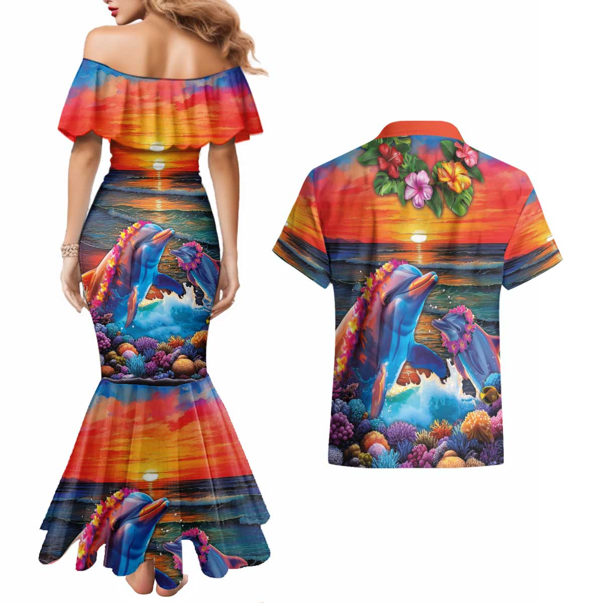 Hawaiian Lei Day Couples Matching Mermaid Dress and Hawaiian Shirt Dolphins with Colorful Corals and Romantic Sunset