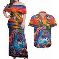 Hawaiian Lei Day Couples Matching Off Shoulder Maxi Dress and Hawaiian Shirt Dolphins with Colorful Corals and Romantic Sunset